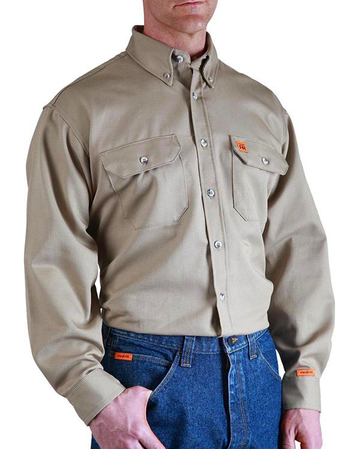 Image #1 - Wrangler Men's FR Long Sleeve Work Shirt - Big & Tall, Beige/khaki, hi-res