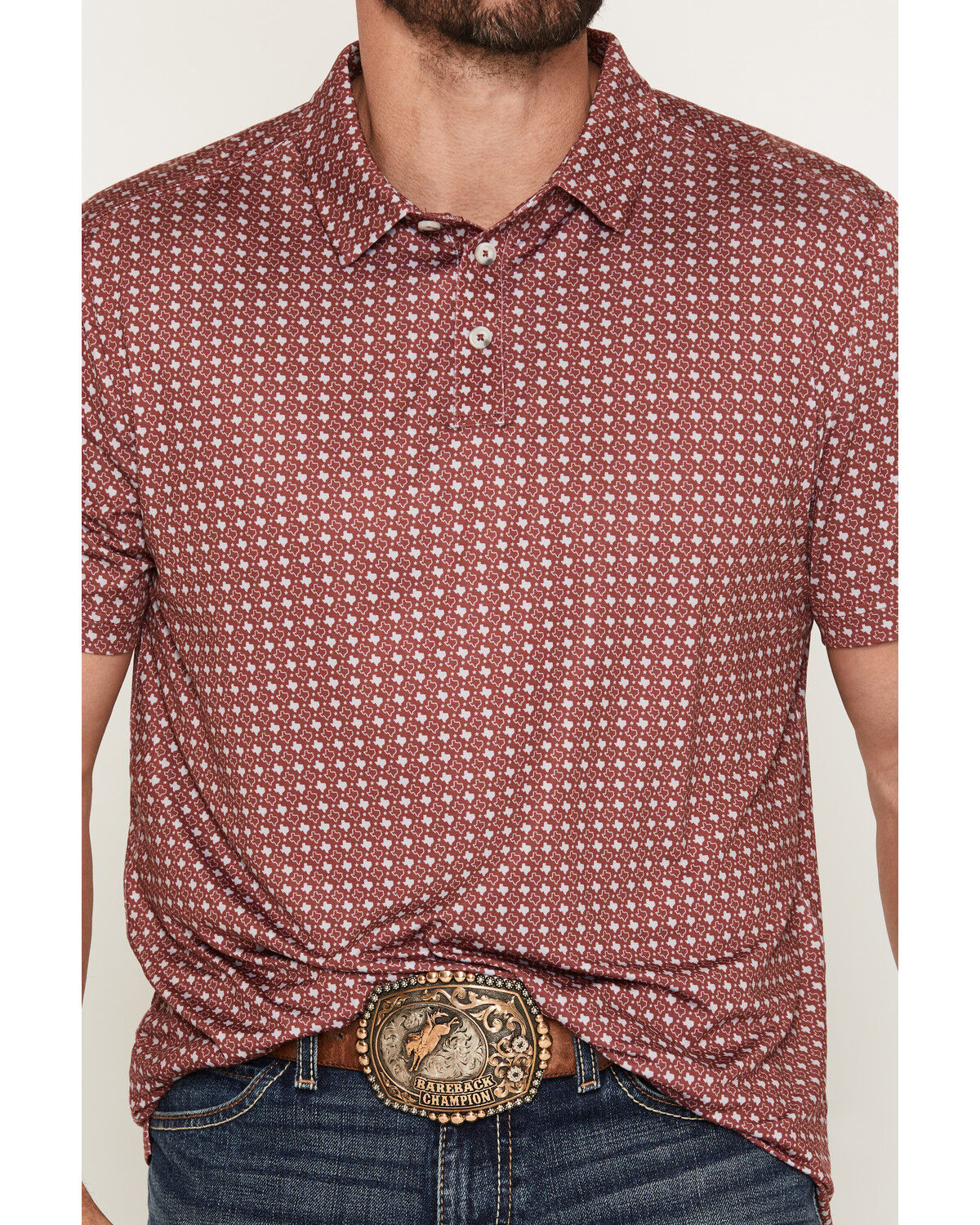 Image #3 - Burlebo Men's Texas Short Sleeve Button-Down Performance Polo Shirt, Maroon, hi-res