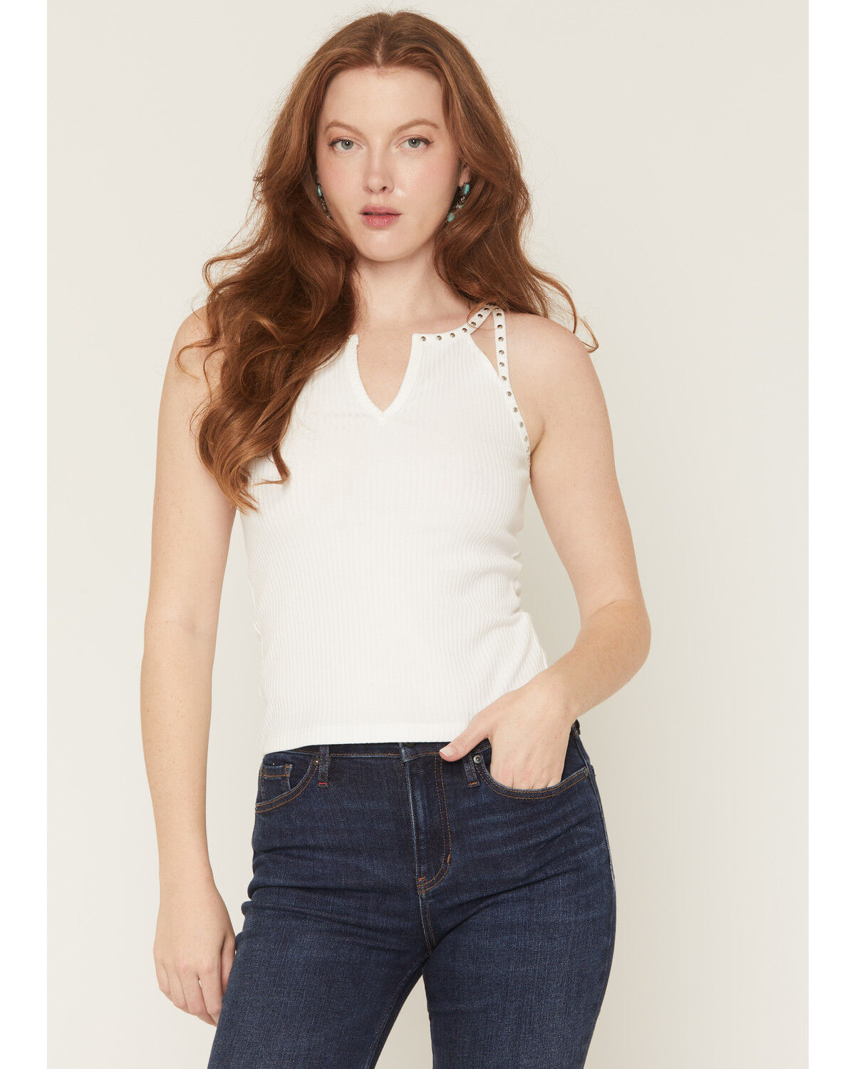 Image #1 - Miss Me Women's Studded Sleeveless Tank Top, White, hi-res