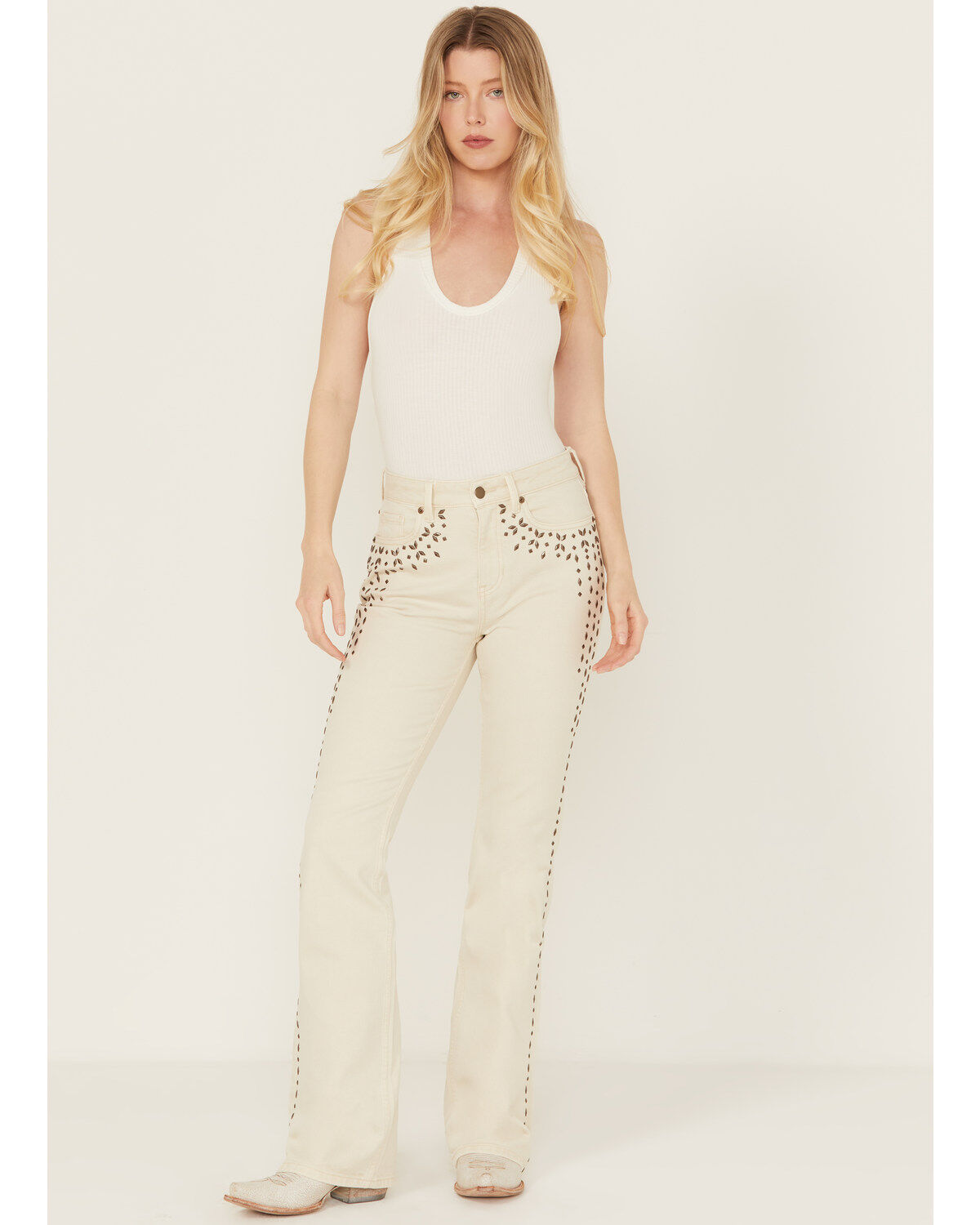 Wonderwest Women's Birch High Rise Studded Slim Bootcut Rigid-Like Stretch Denim Jeans, White, hi-res