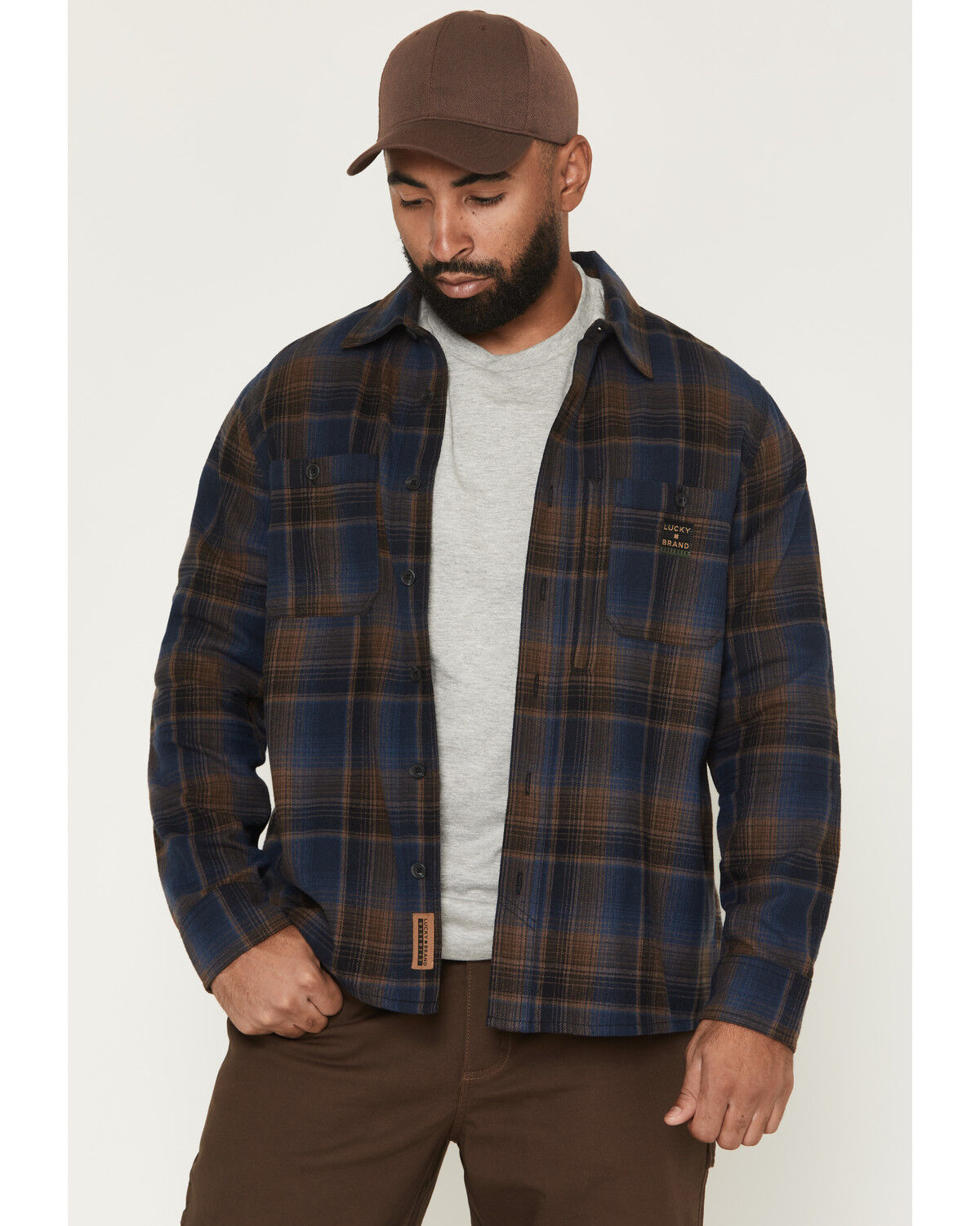 Lucky Brand Workwear Men's Rainer Plaid Print Long Sleeve Button-Down Flannel Shirt, Navy, hi-res