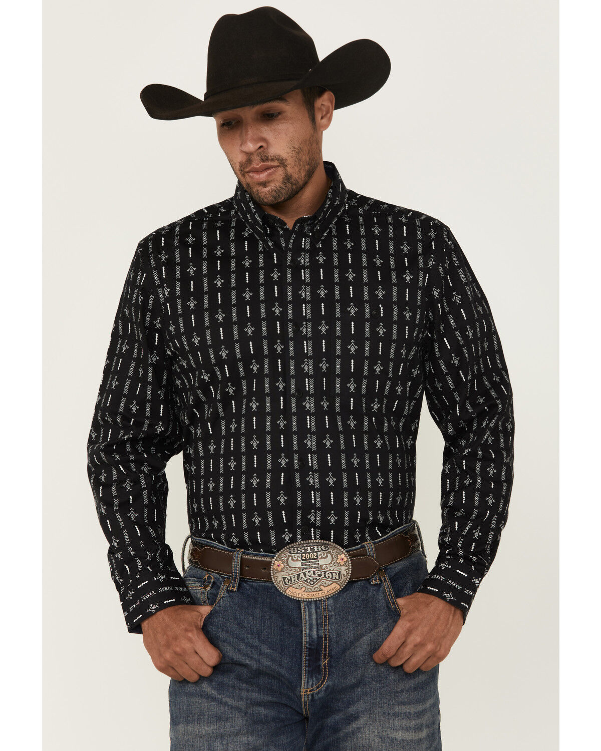 Image #1 - RANK 45&reg; Tiki Room Striped Print Long Sleeve Button-Down Stretch Western Shirt, Black, hi-res