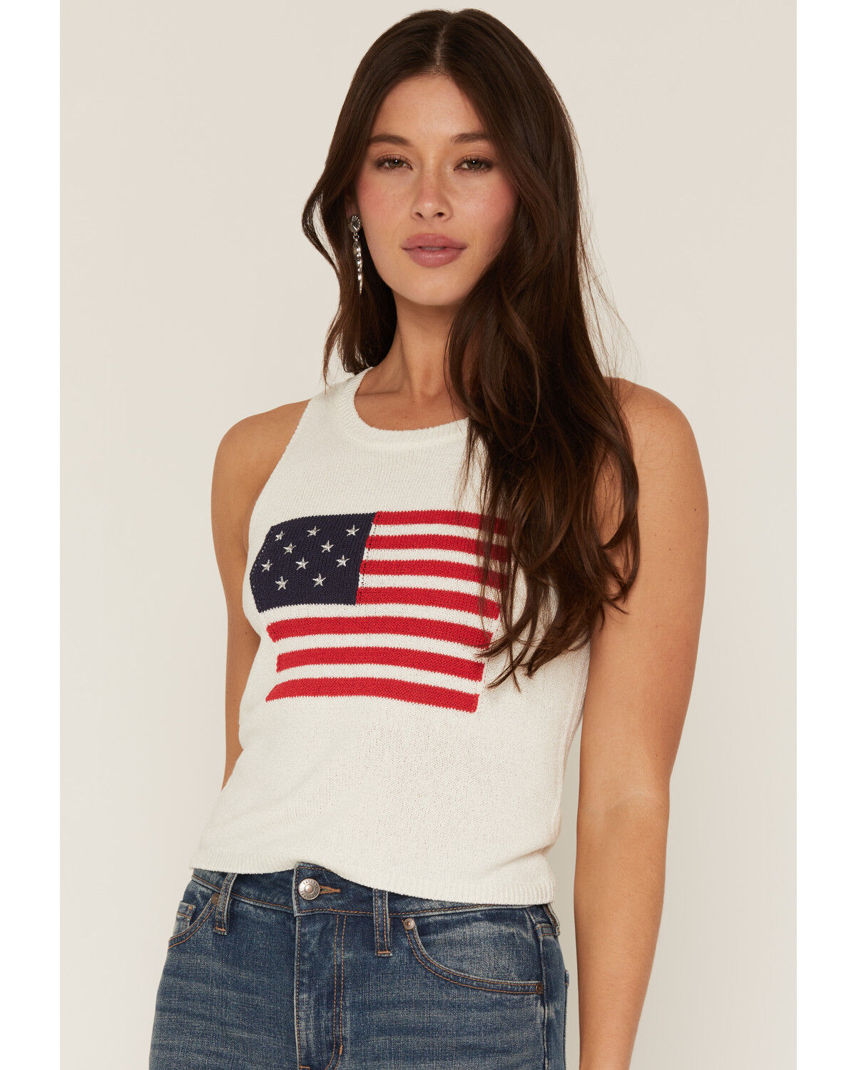 Image #1 - Sadie & Sage Women's American Flag Embroidered Sweater Tank Top, White, hi-res