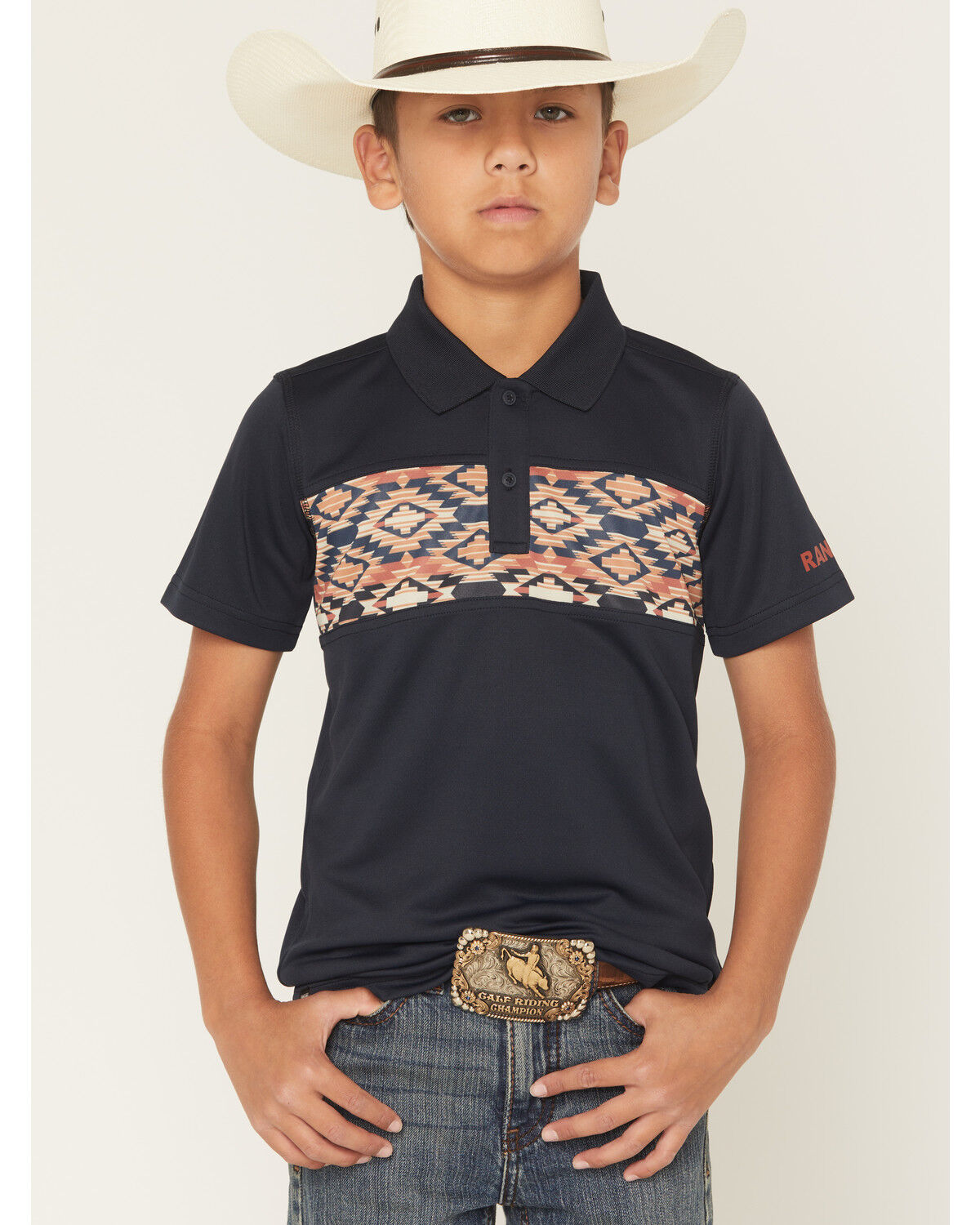 Image #1 - RANK 45&reg; Boys' Southwestern Border Short Sleeve Button-Down Polo Shirt, Navy, hi-res