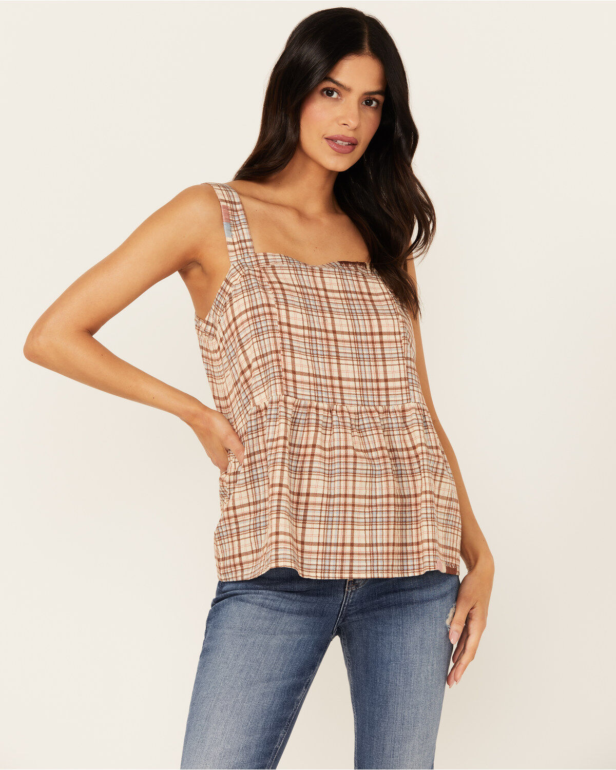 Cleo + Wolf Women's Beverly Plaid Print Sleeveless Tank, Oatmeal, hi-res
