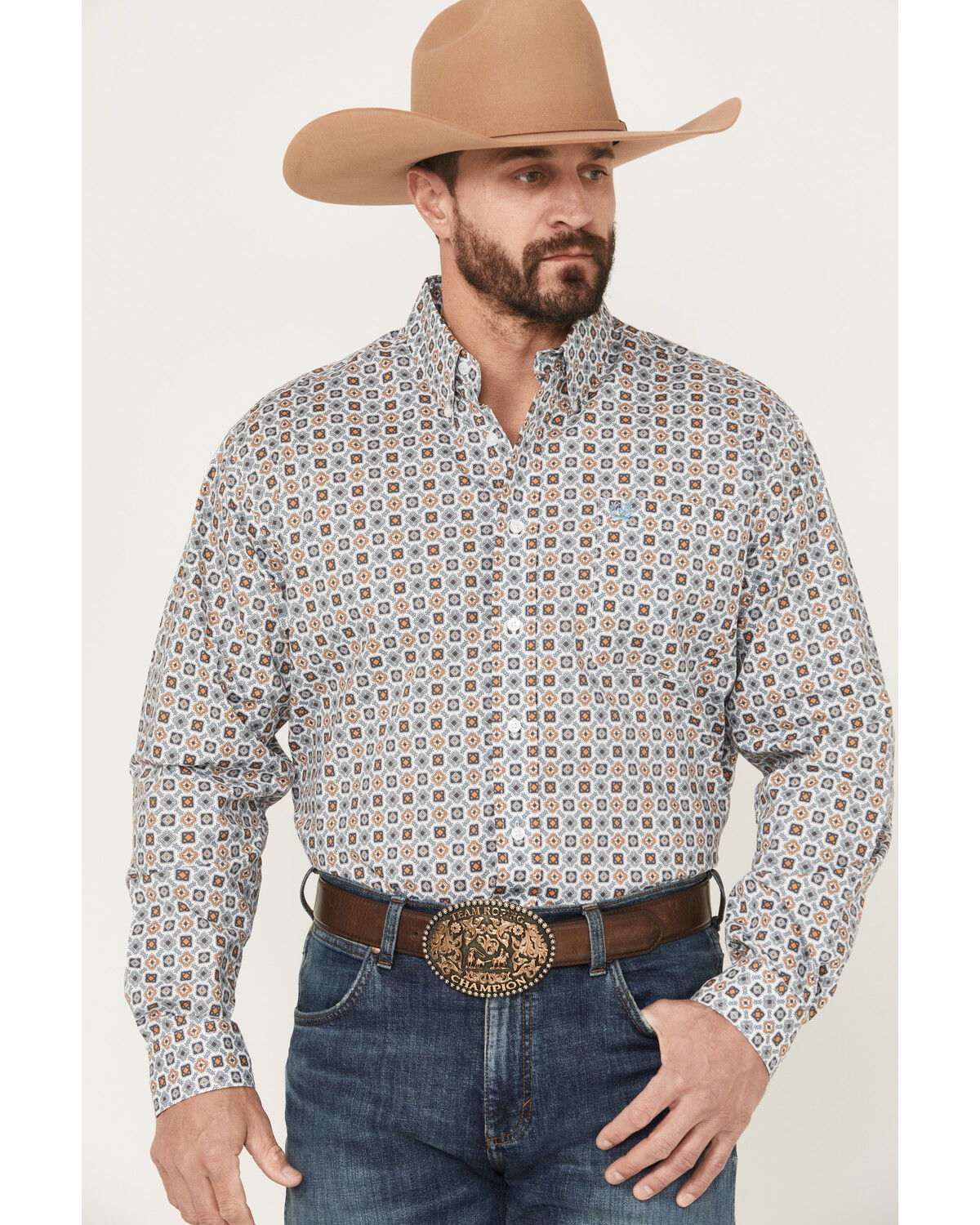 Cinch Men's Geo Print Long Sleeve Button-Down Western Shirt, White, hi-res