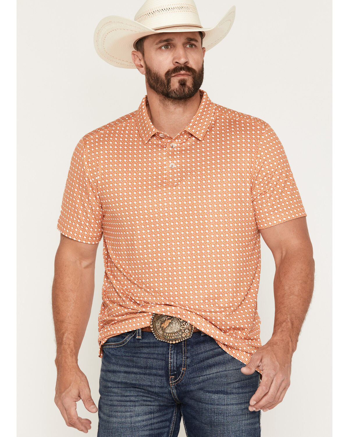 Burlebo Men's Texas Short Sleeve Button-Down Performance Polo Shirt, Orange, hi-res