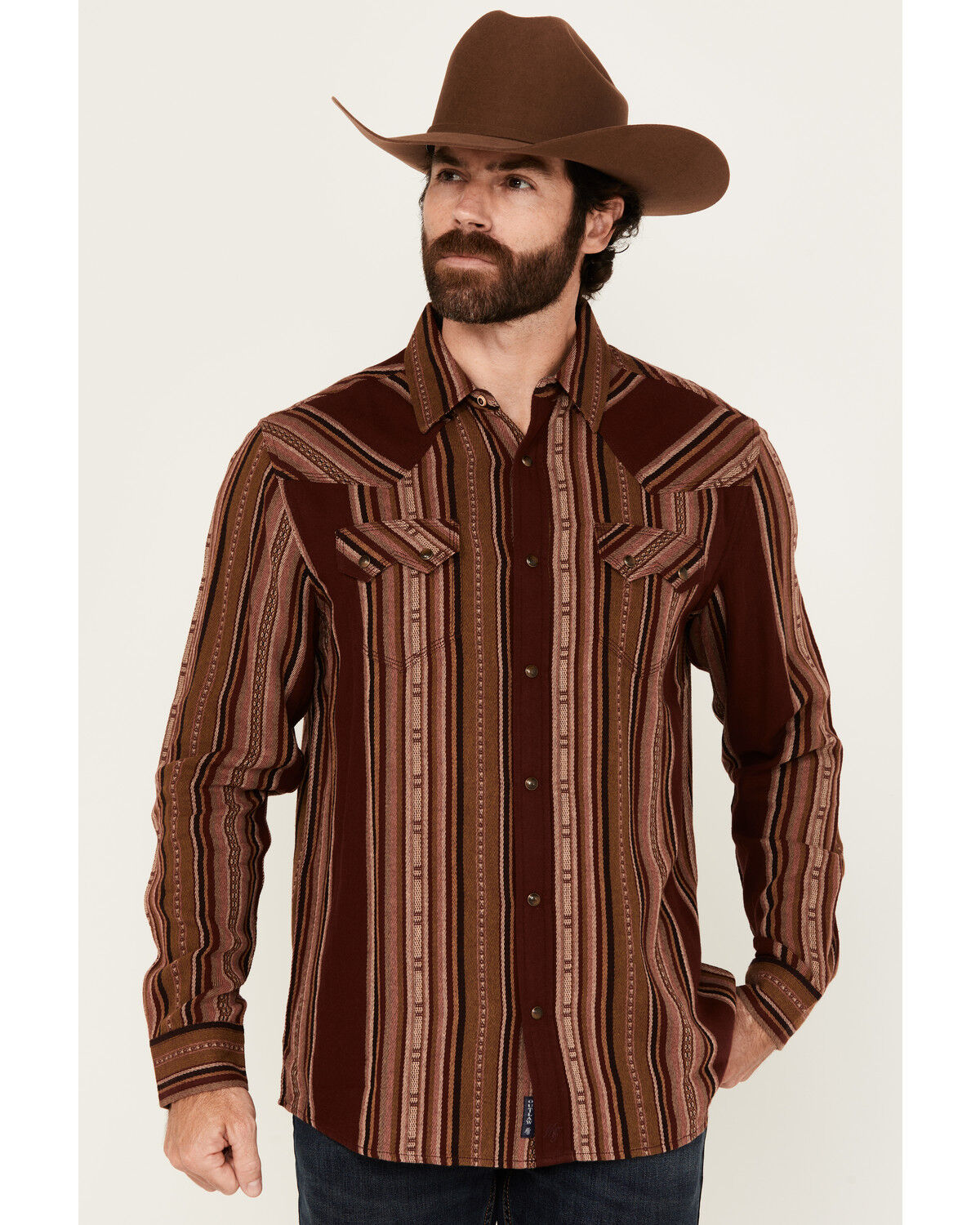 Image #1 - Moonshine Spirit&reg; Men's Whiskey Tango Striped Long Sleeve Snap Western Shirt, Burgundy, hi-res