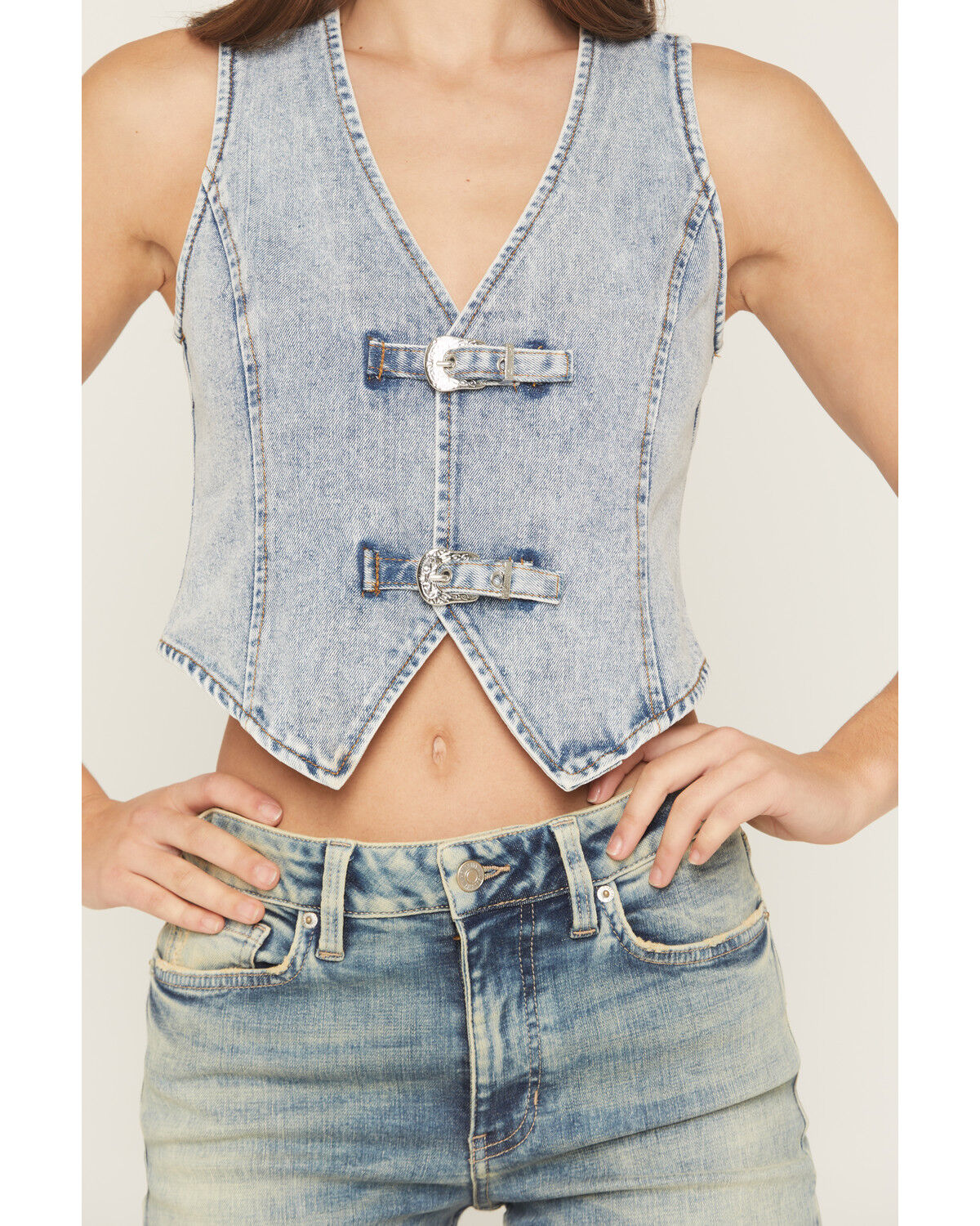 Image #3 - Ashley Women's Boot Barn Exclusive Buckle Front Denim Vest, Light Blue, hi-res