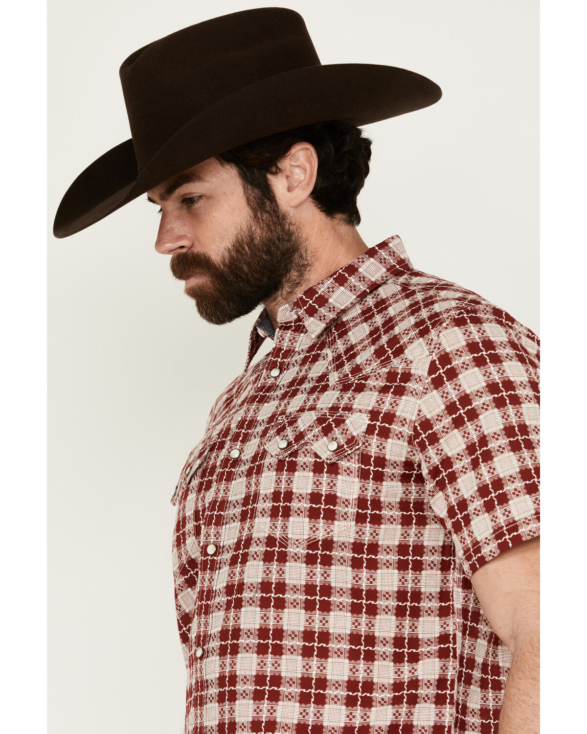 Image #2 - Moonshine Spirit&reg; Men's Legend Plaid Print Short Sleeve Snap Western Shirt, Burgundy, hi-res