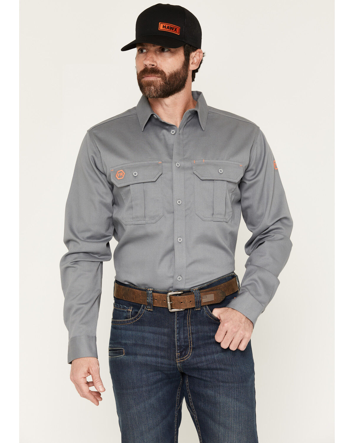 Hawx Men's FR Woven Long Sleeve Button-Down Work Shirt, Grey, hi-res