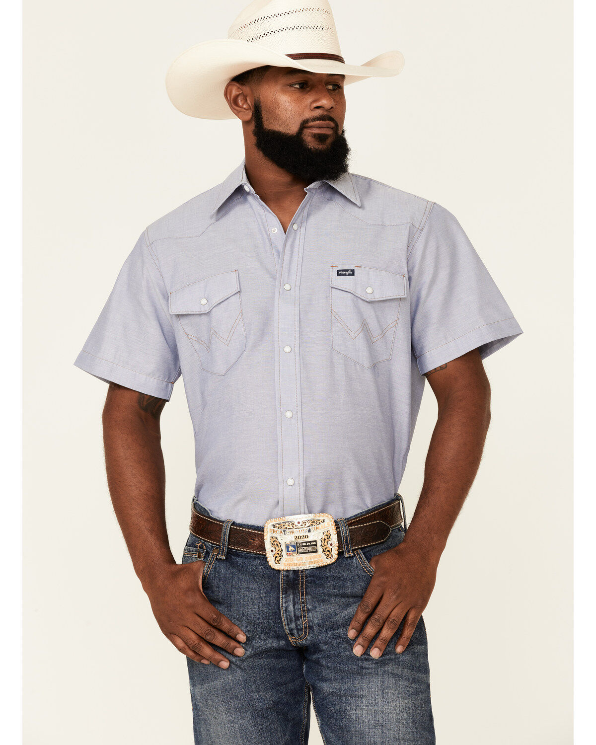 Image #1 - Wrangler Men's Chambray Rigid Cowboy Cut Short Sleeve Pearl Snap Work Shirt, Blue, hi-res