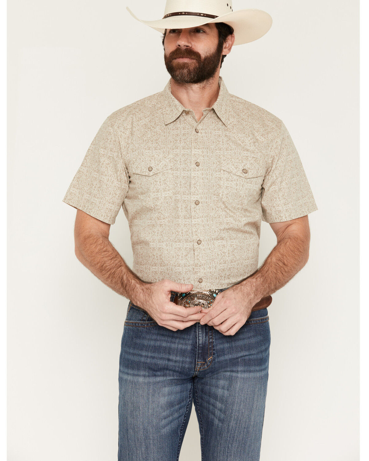Gibson Trading Co Men's Timeless Medallion Print Short Sleeve Snap Western Shirt - Tall, Tan, hi-res