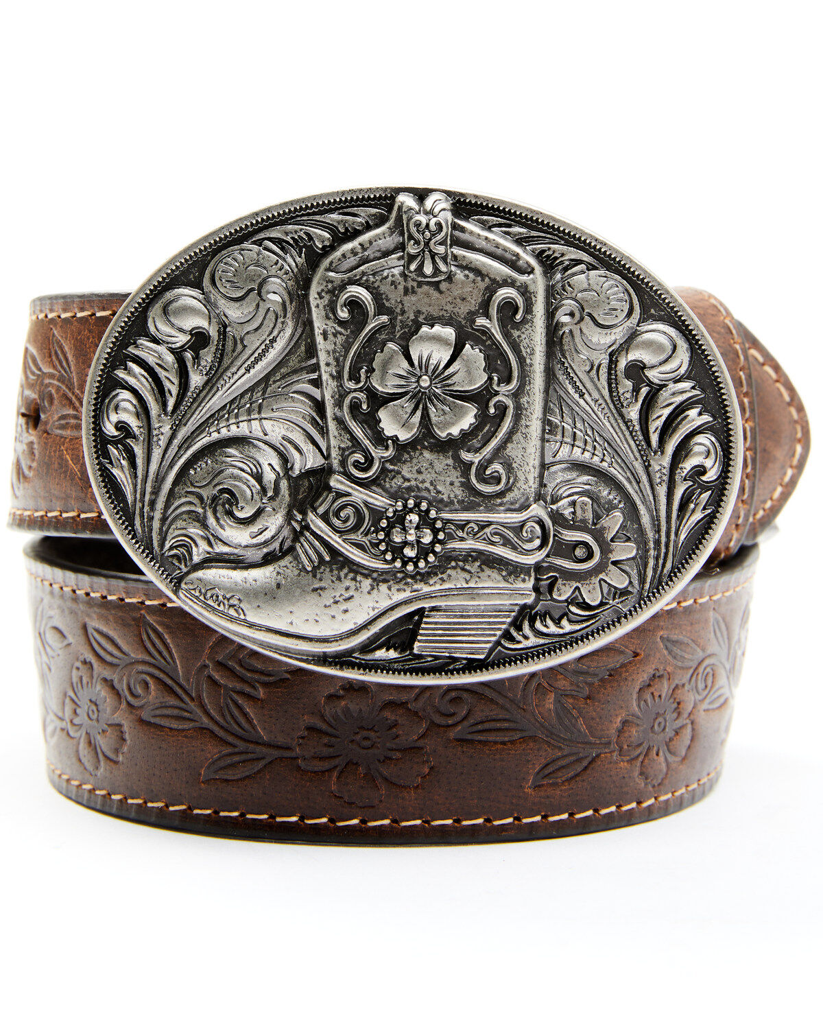 Shyanne Girls' Embossed Floral Boot Belt, Brown, hi-res