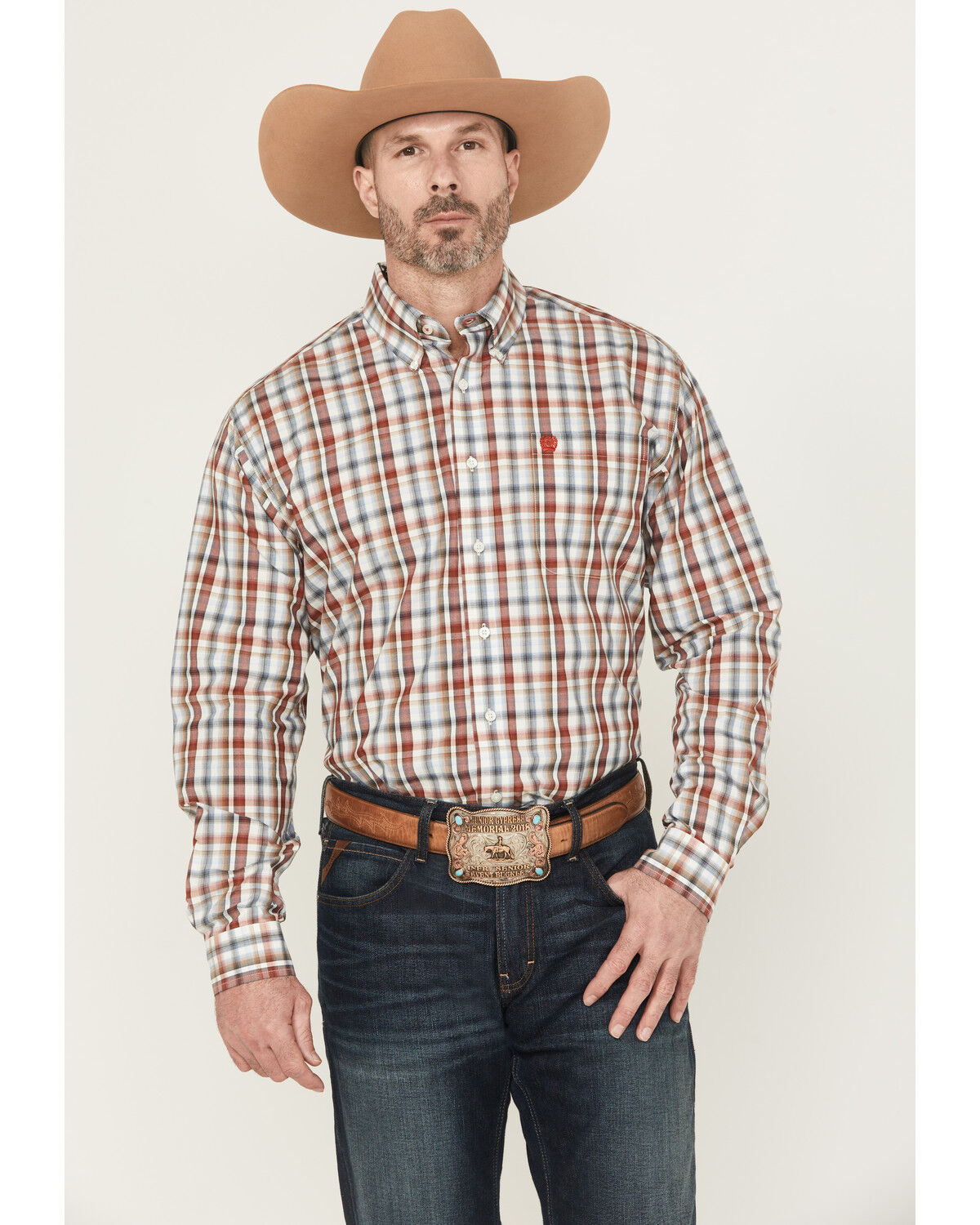 Cinch Men's Plaid Print Long Sleeve Button-Down Western Shirt, Cream, hi-res