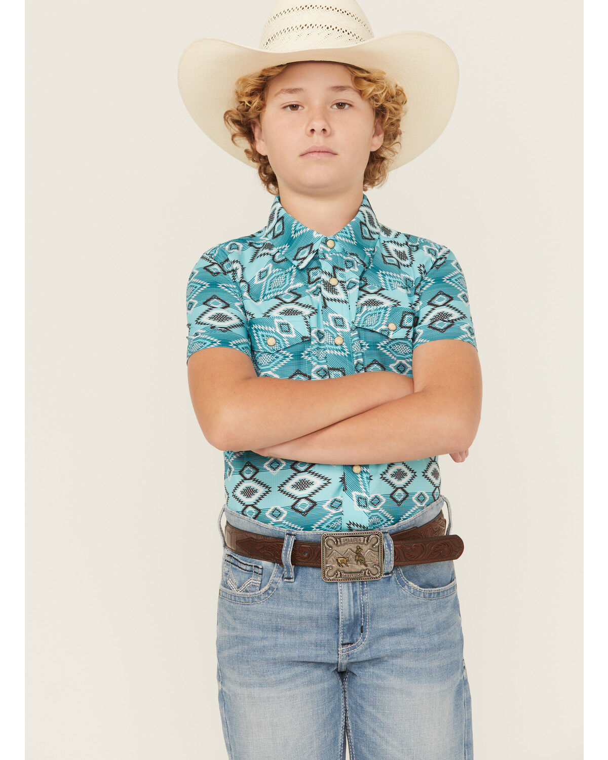 Rock & Roll Denim Boys' Southwestern Print Short Sleeve Snap Western Shirt, Teal, hi-res