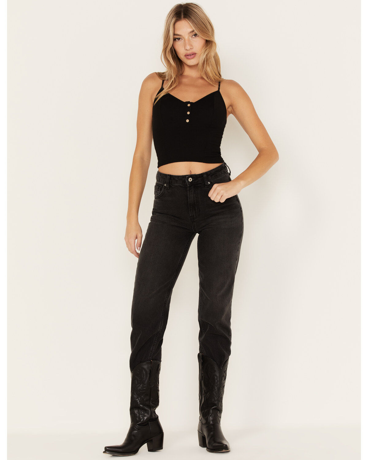 Image #1 - Free People Women's High Rise Pacifica Straight Jeans, Black, hi-res