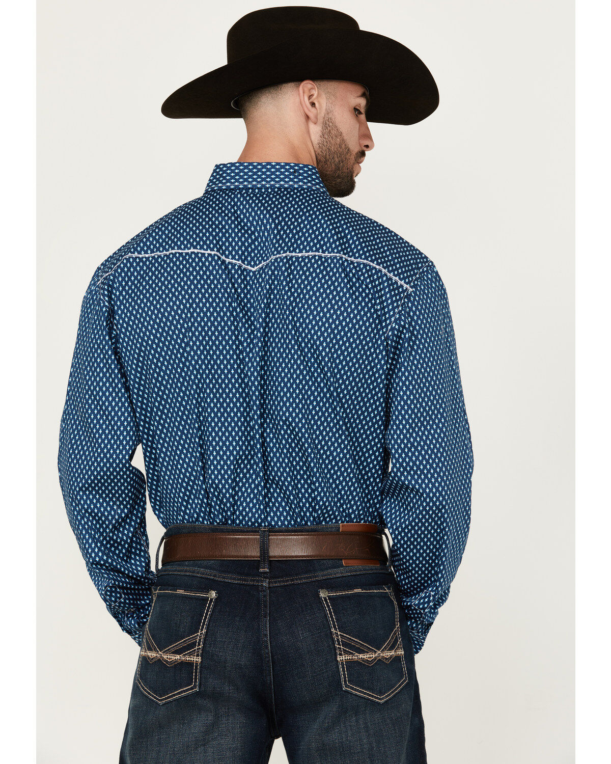 Image #4 - Cowboy Hardware Men's Fleur de Cowboy Print Long Sleeve Pearl Snap Western Shirt, Navy, hi-res