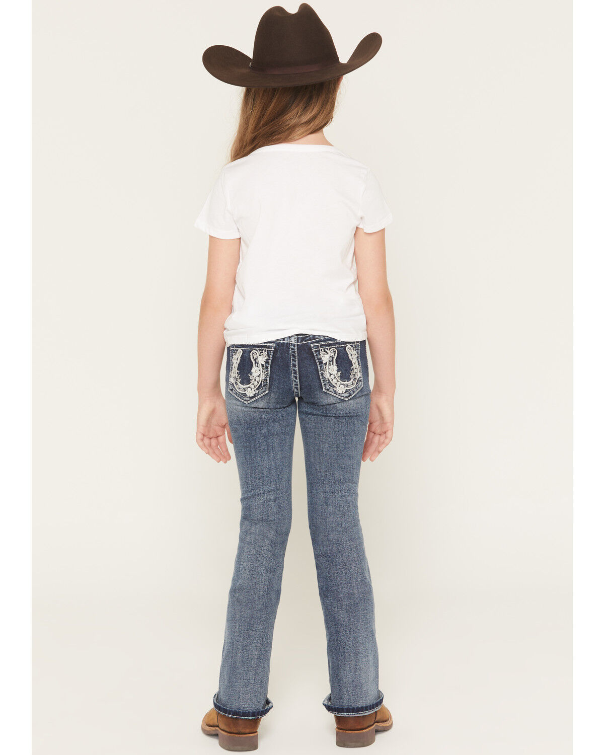 Image #1 - Grace in LA Girls' Floral Horseshoe Embroidered Bootcut Stretch Denim Jeans, Dark Wash, hi-res
