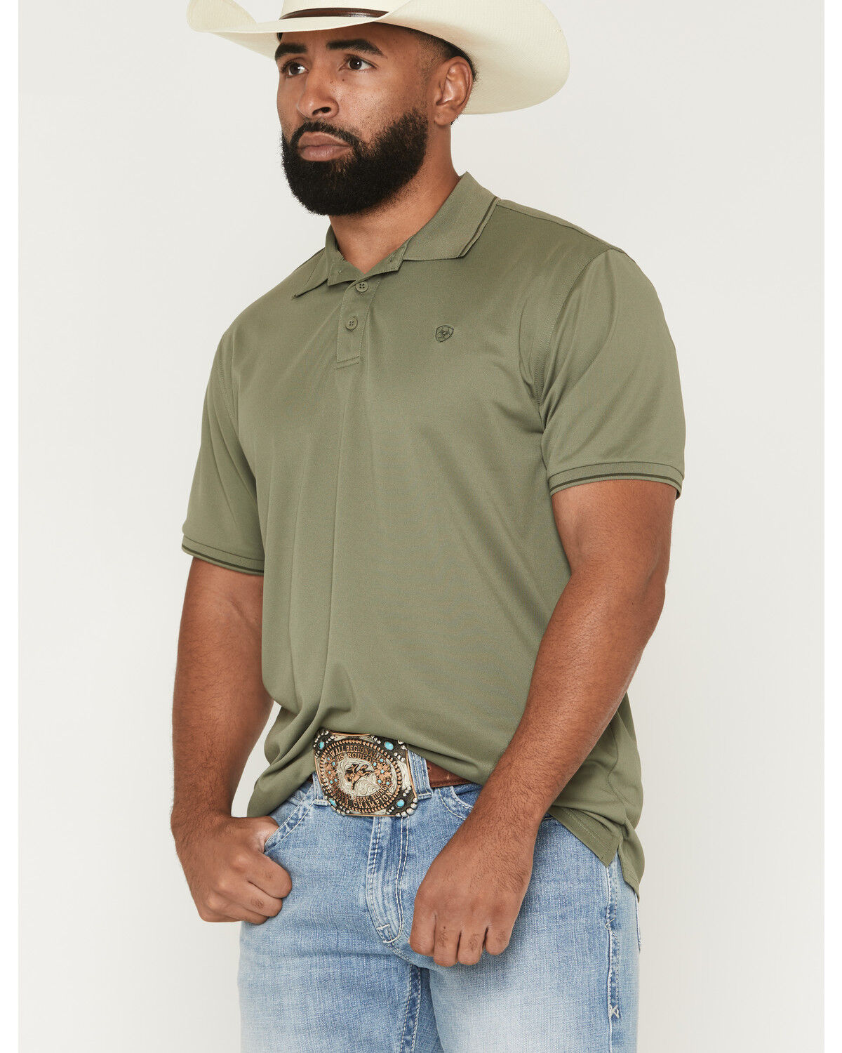 Ariat Men's Fitted Logo Short Sleeve Polo, Olive, hi-res