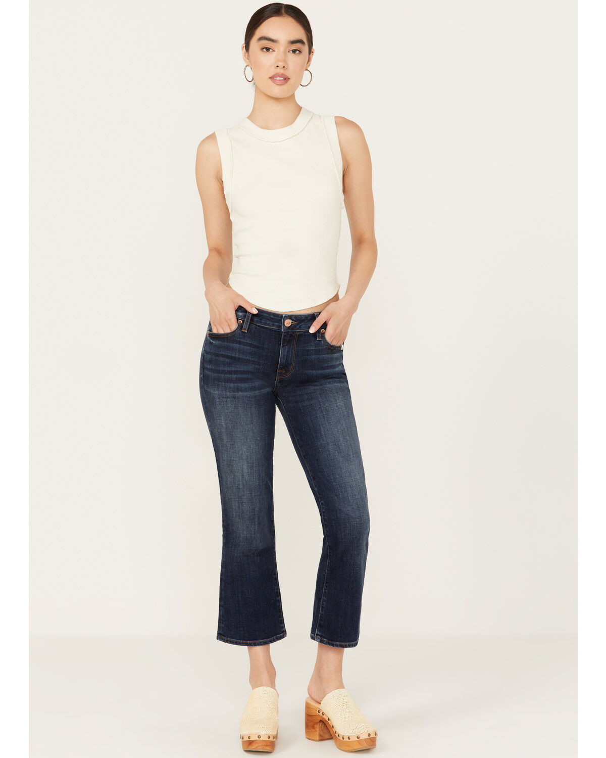 Image #1 - Mia and Moss Women's Spellbound Dark Wash Mid Rise Kick Flare Stretch Jeans, Dark Wash, hi-res