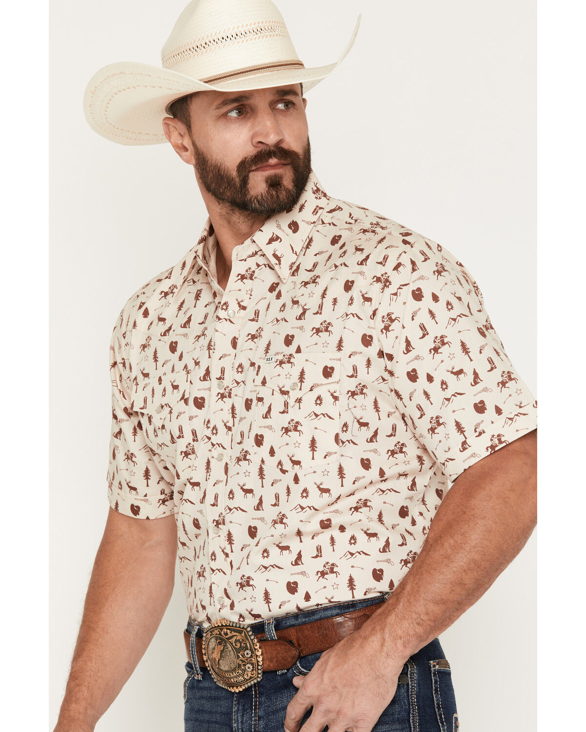 Image #2 - Ely Walker Men's Conversational Print Short Sleeve Pearl Snap Western Shirt, Cream, hi-res
