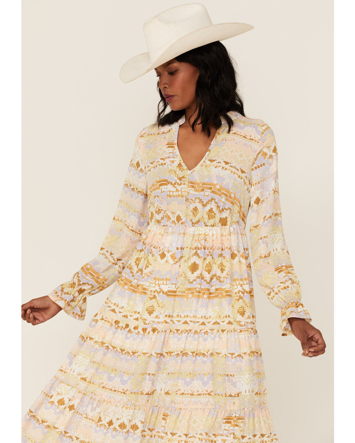 Image #4 - Shyanne Women's Watercolor Southwestern Long Sleeve Maxi Dress, Ivory, hi-res
