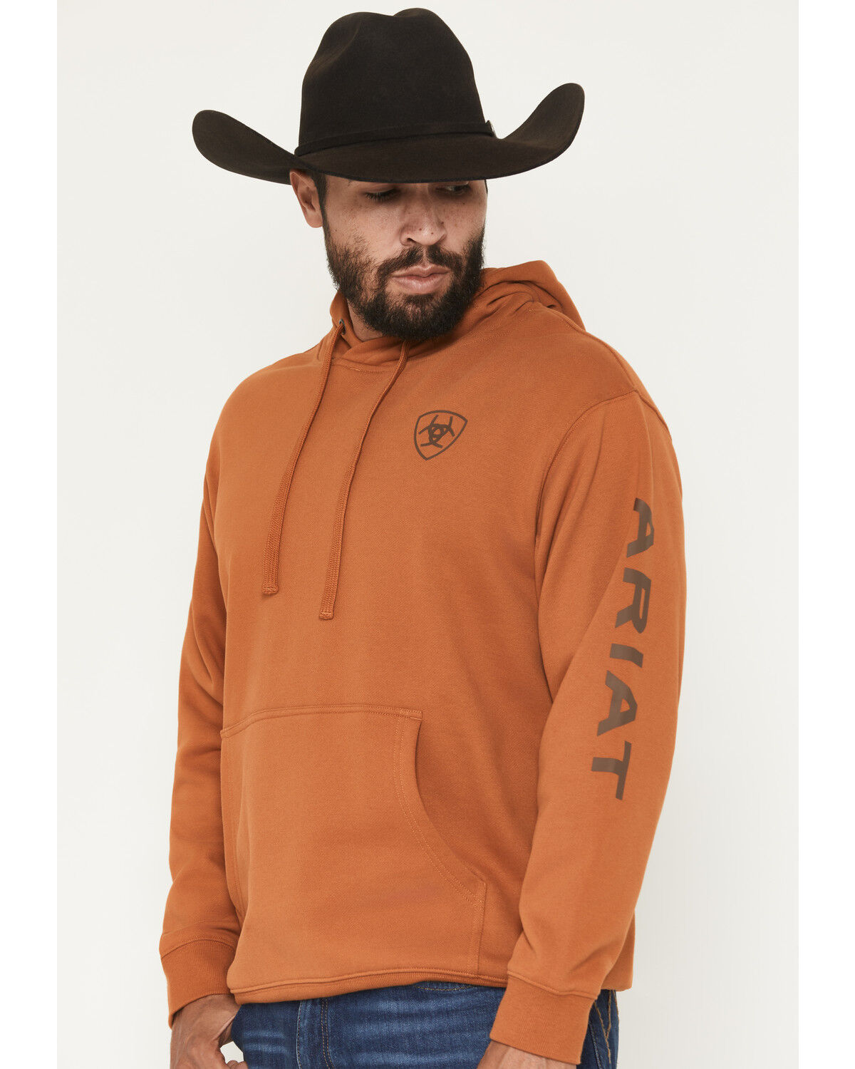 Image #1 - Ariat Men's Logo Graphic Hooded Sweatshirt - Tall, Rust Copper, hi-res