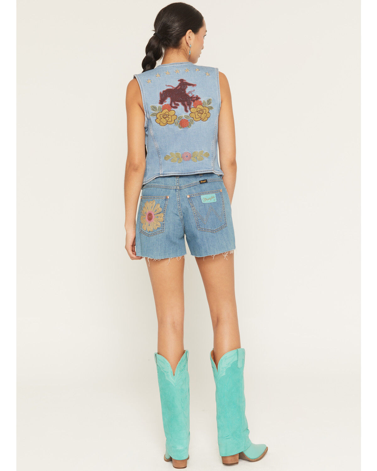 Image #3 - Wrangler X Lainey Wilson Women's Medium Wash High Rise Cowboy Embroidered Denim Shorts, Medium Wash, hi-res