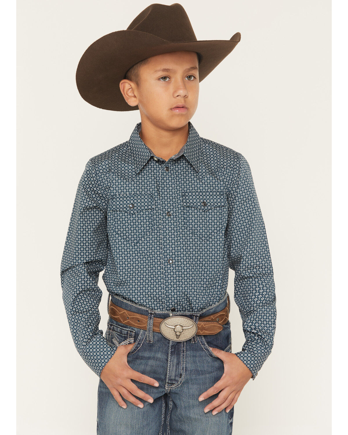 Image #1 - Cody James Boys' Bourbon Geo Print Long Sleeve Pearl Snap Western Shirt, Navy, hi-res