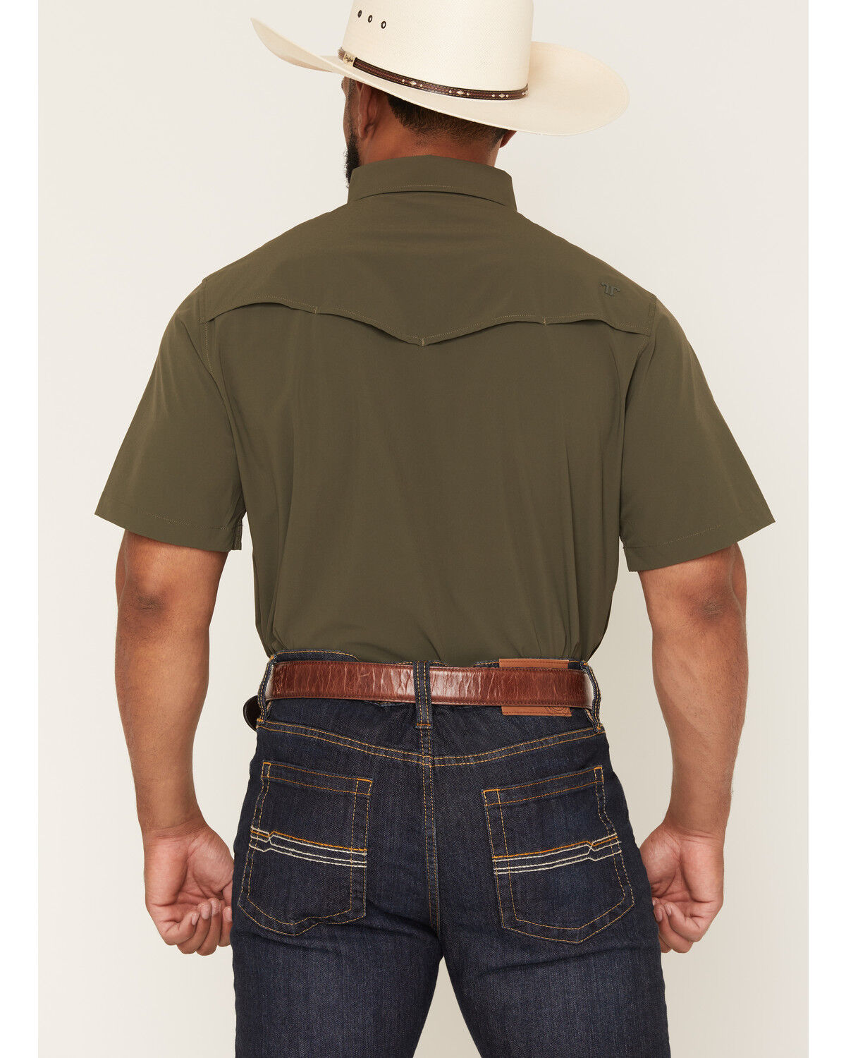 Image #4 - Ferrell Men's Tek Solid Short Sleeve Pearl Snap Stretch Performance Western Shirt, Olive, hi-res