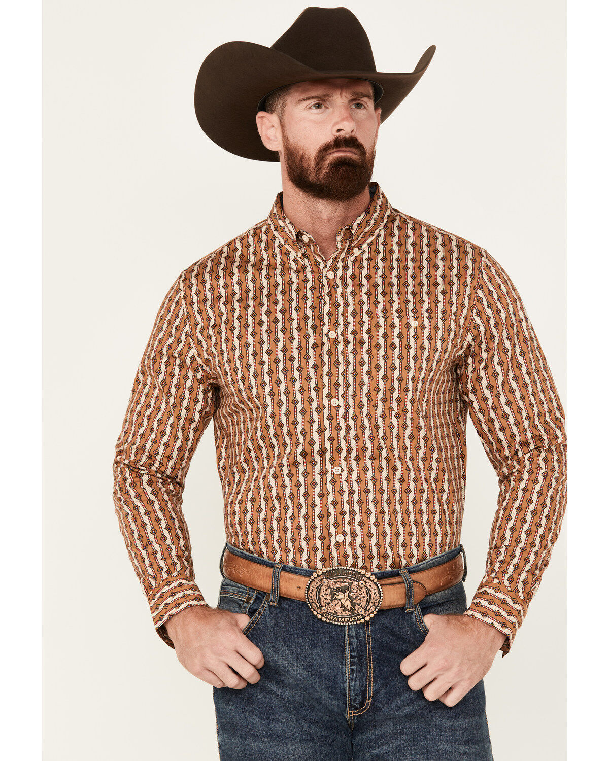 Image #1 - RANK 45&reg; Men's Manvel Southwestern Print Long Sleeve Button-Down Stretch Western Shirt, Lt Brown, hi-res