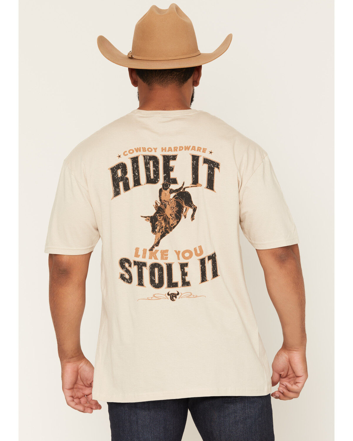 Image #1 - Cowboy Hardware Men's Ride It Like You Stole It Short Sleeve Graphic T-Shirt, Tan, hi-res