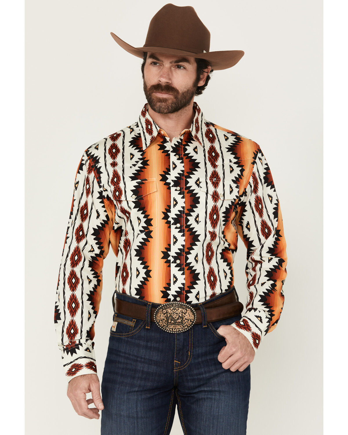 Image #1 - Wrangler Men's Checotah Southwestern Print Long Sleeve Snap Western Shirt - Tall, , hi-res