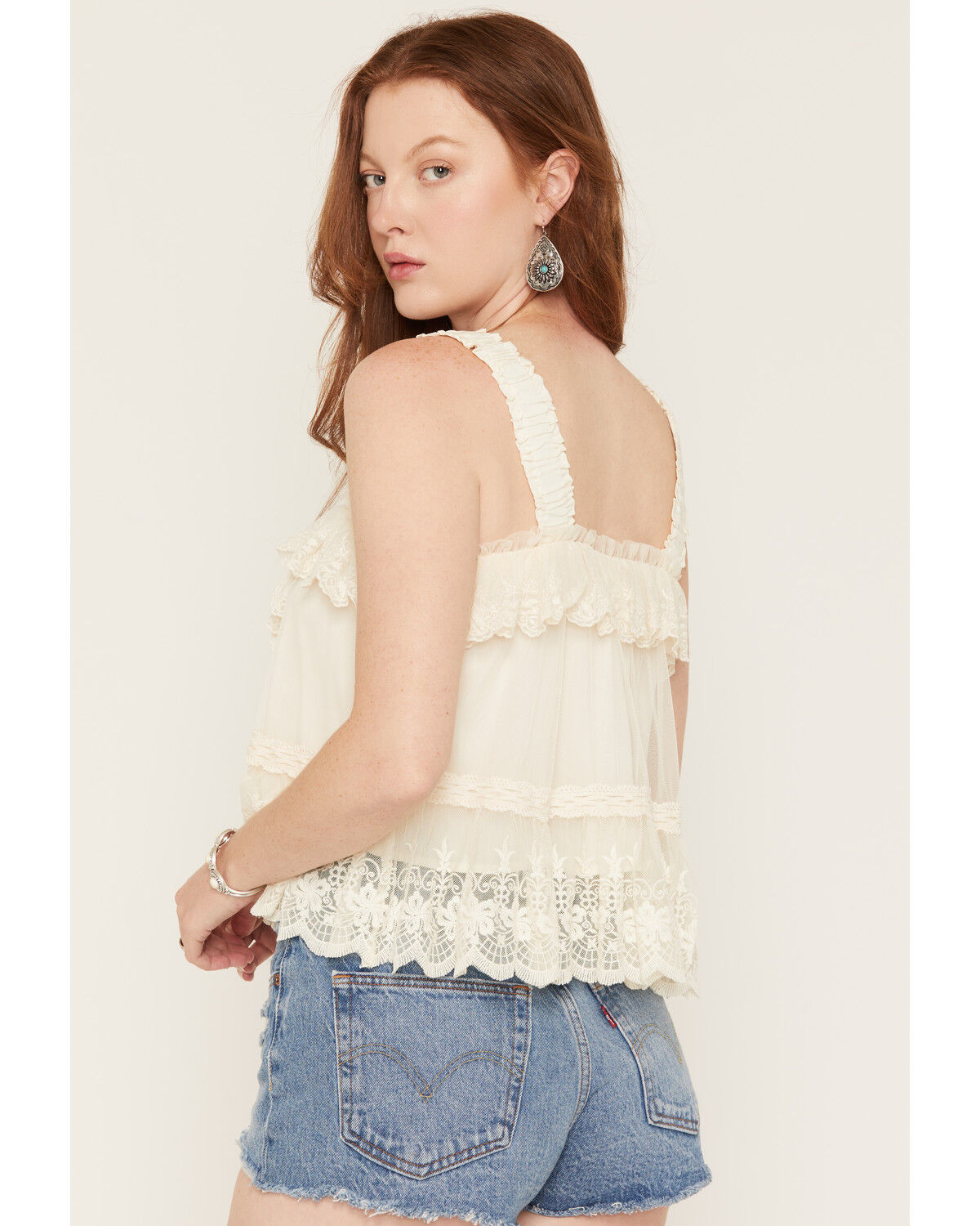 Image #4 - Miss Me Women's Sleeveless Lace Ruffle Top, Cream, hi-res