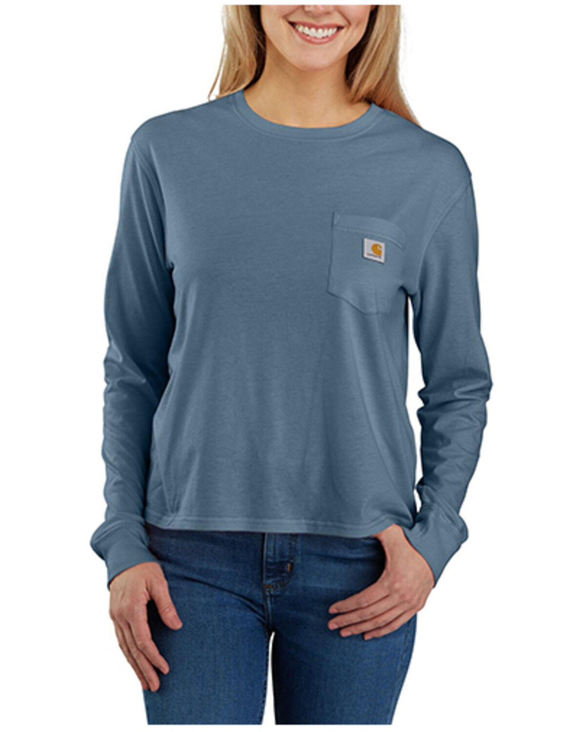 Image #1 - Carhartt Women's TENCEL&trade; Fiber Series Loose Fit Long Sleeve Graphic Pocket Tee, Light Blue, hi-res