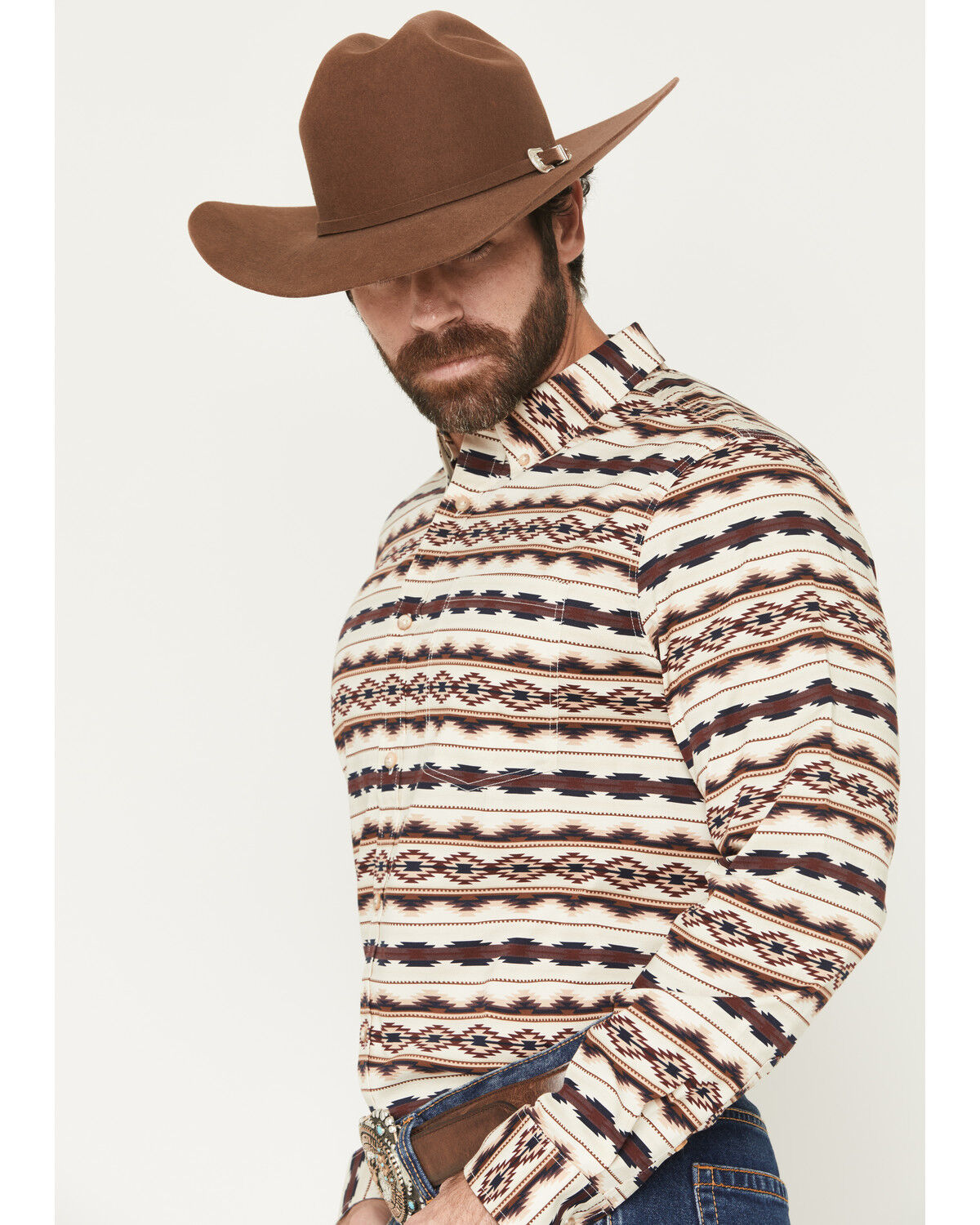 Image #2 - Cody James Men's Maverick Southwestern Print Long Sleeve Button-Down Stretch Western Shirt, Cream, hi-res