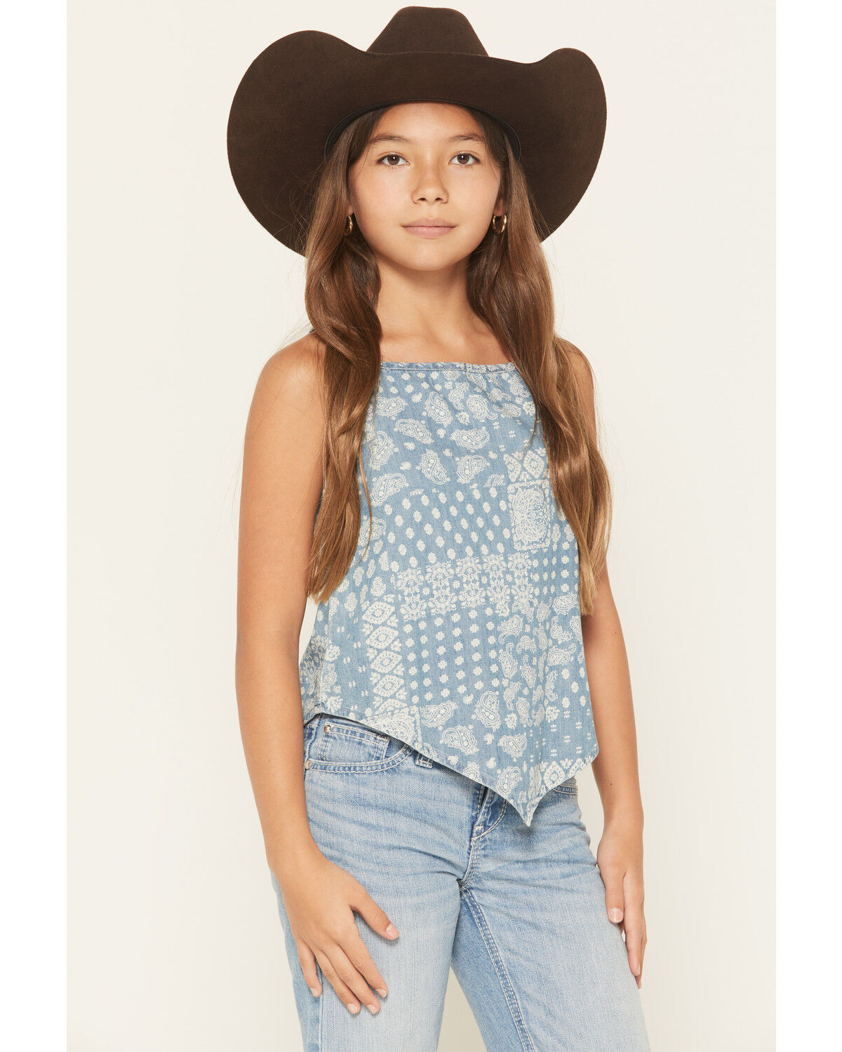 Wrangler Girls' Bandana Print Denim Tank, Blue, hi-res