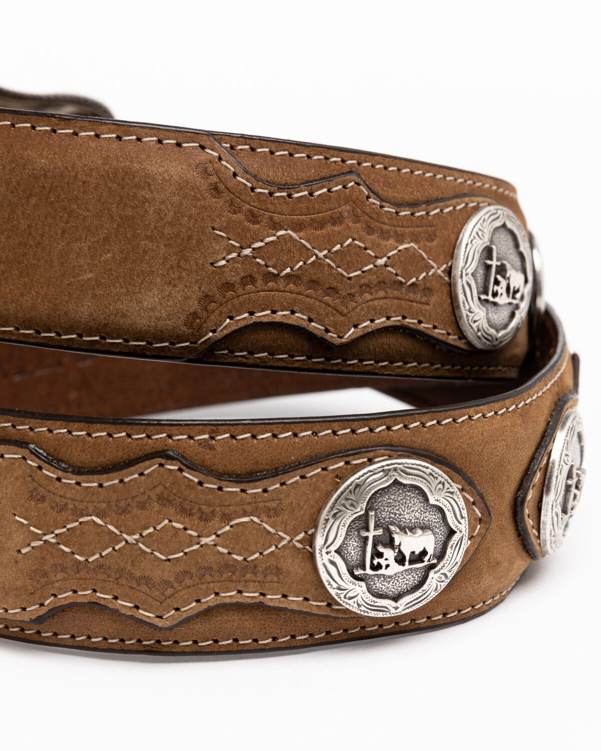Image #4 - Cody James Men's Hair-On Praying Cowboy Concho Western Belt, Brown, hi-res