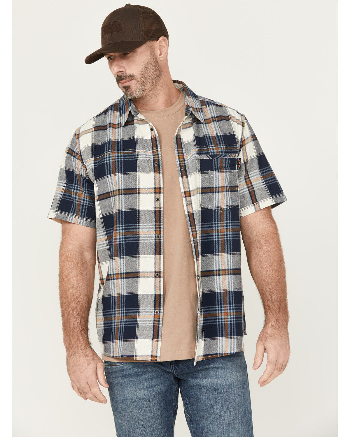 Image #1 - Hawx Men's Hedgerow Plaid Print Short Sleeve Snap Work Shirt, Navy, hi-res