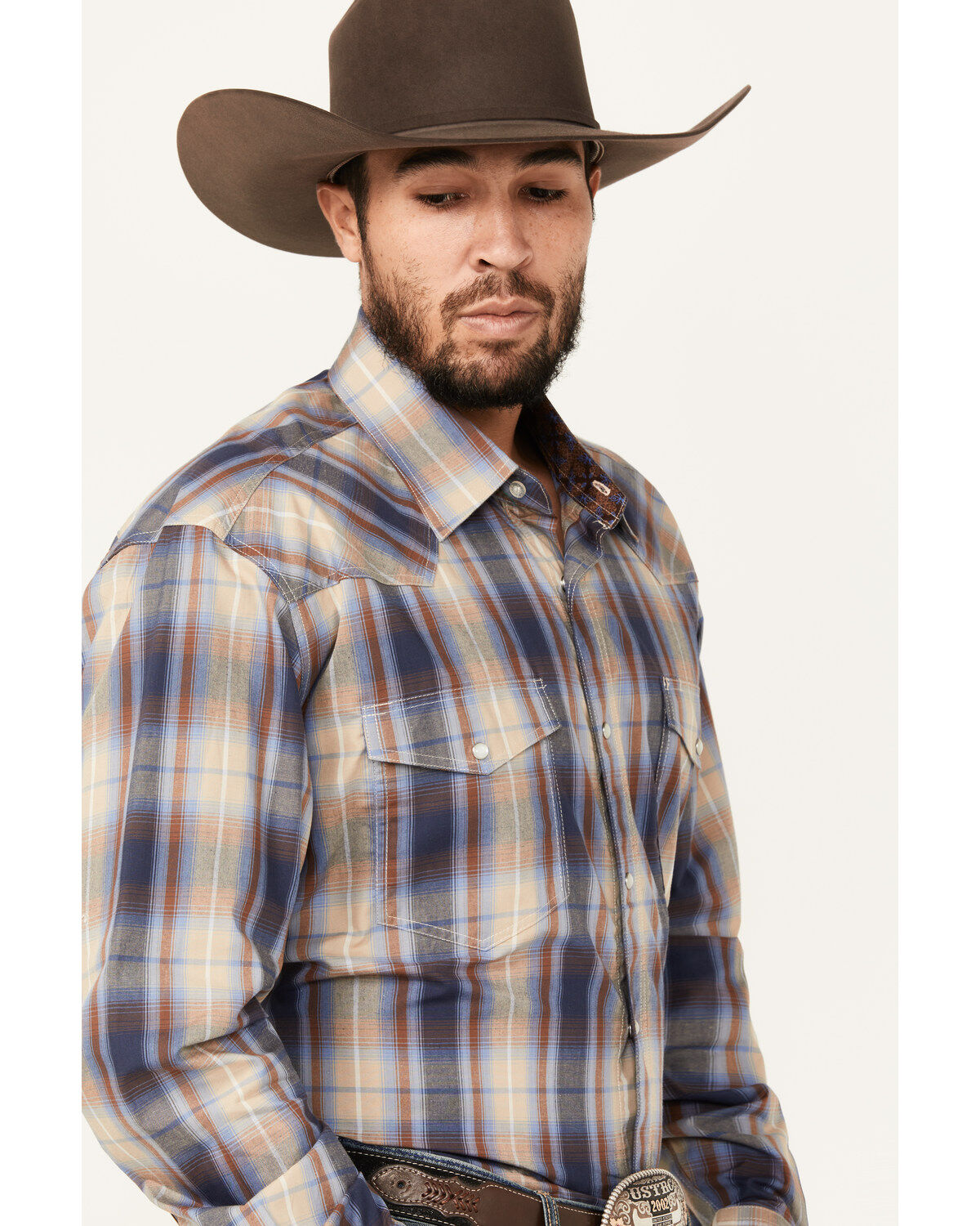 Image #2 - Roper Men's Amarillo Plaid Print Long Sleeve Pearl Snap Western Shirt, Navy, hi-res