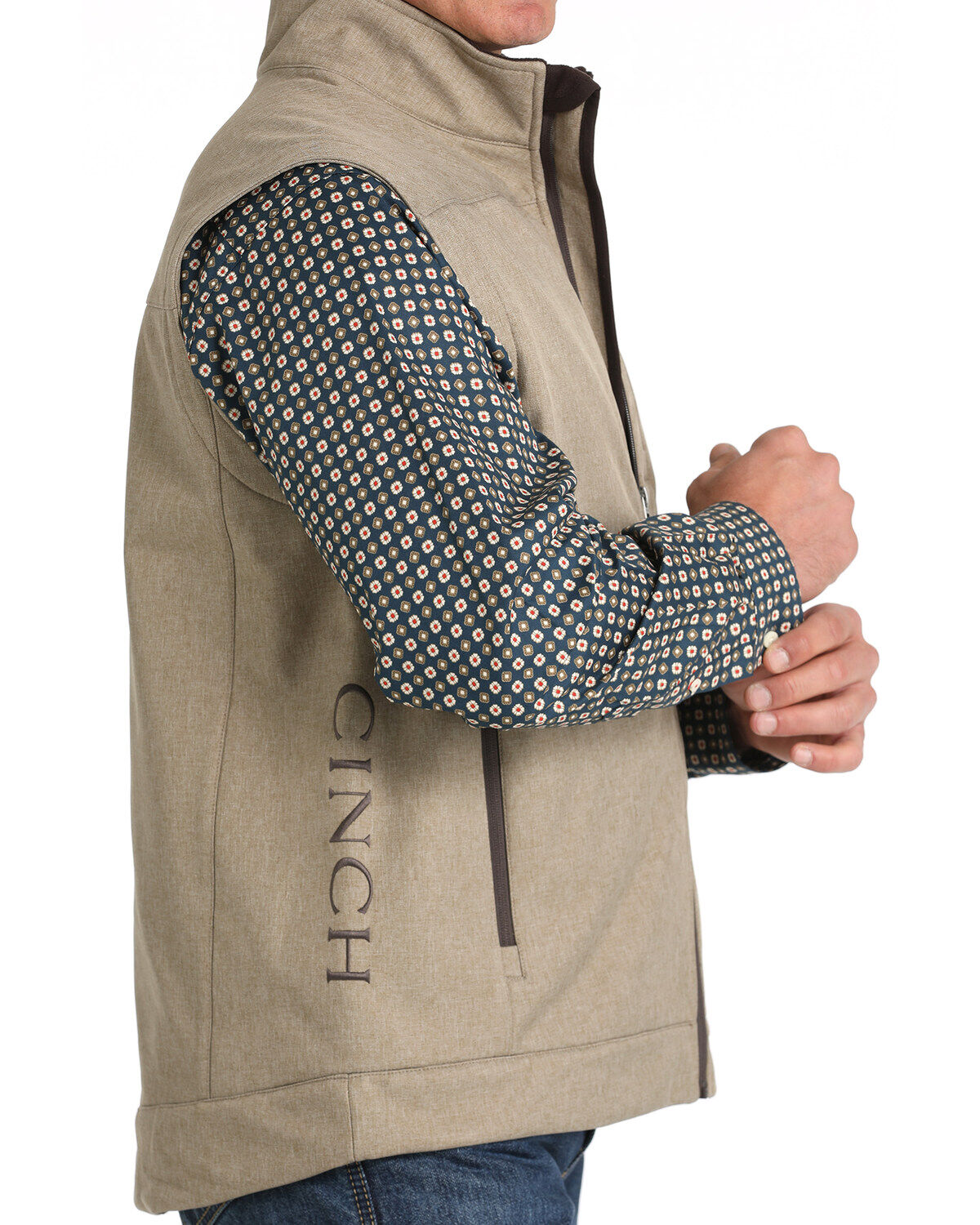Image #5 - Cinch Men's Textured Logo Concealed Carry Zip Bonded Vest, Stone, hi-res