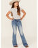 Image #1 - Miss Me Girls' Medium Wash Fleur de Lis Pocket Flare Stretch Denim Jeans , Blue, hi-res