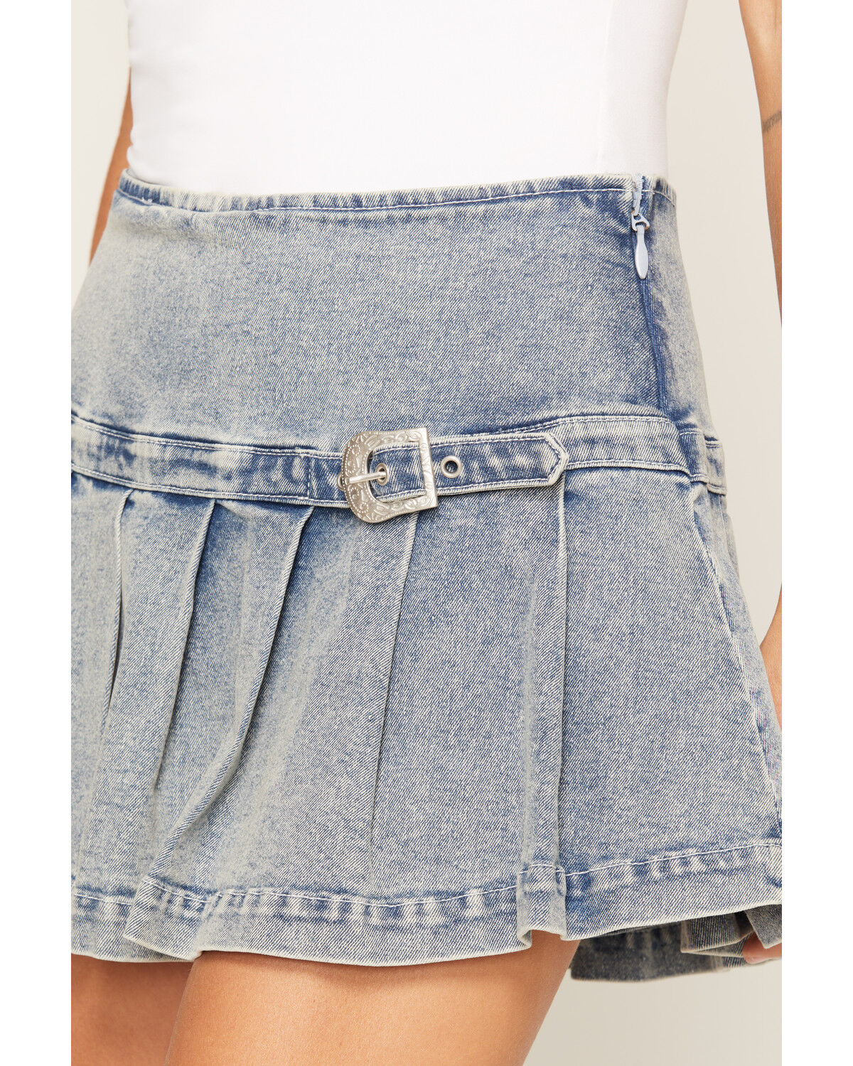 Image #2 - Ashley Women's Buckle Pleated Denim Mini Skort, Light Blue, hi-res