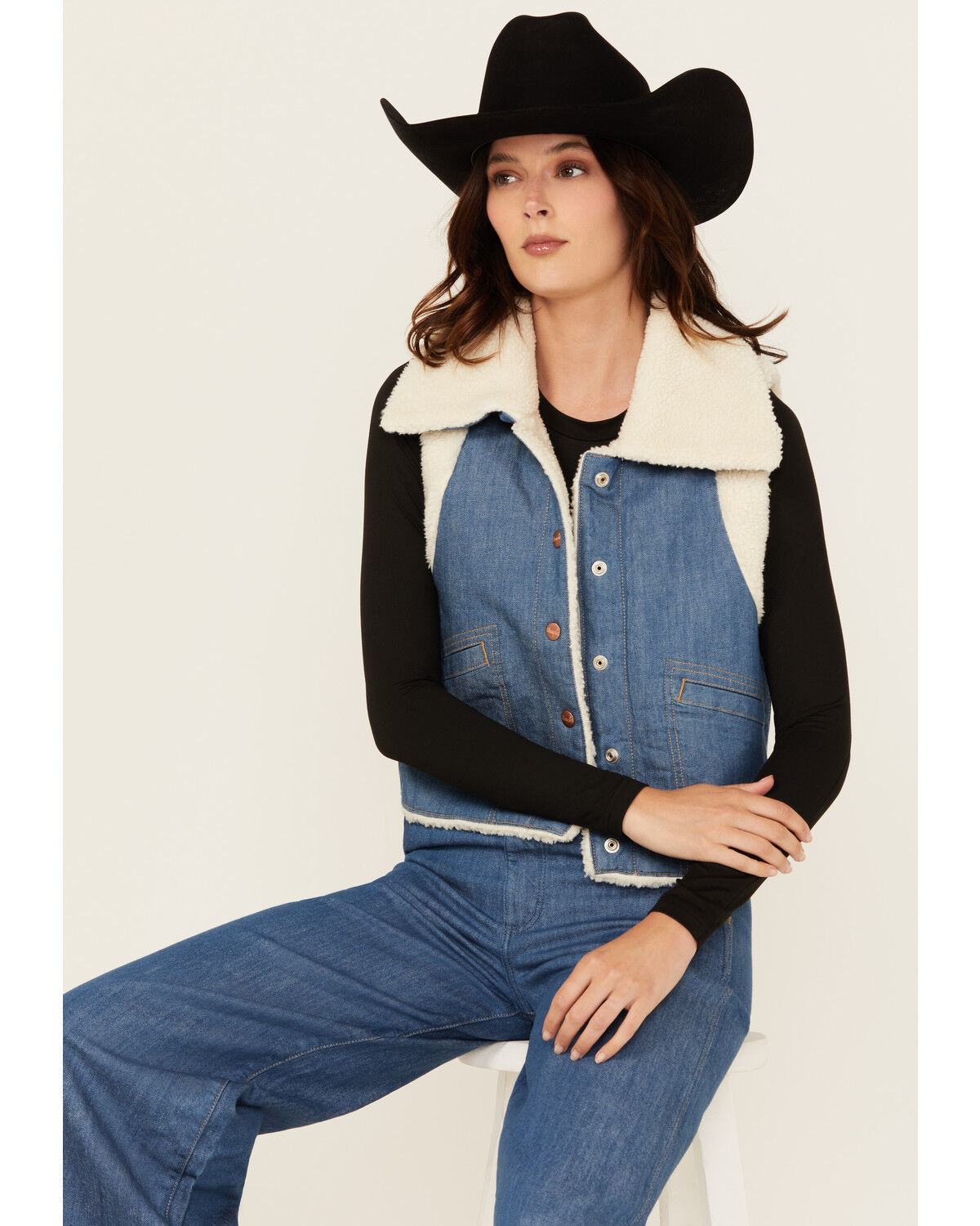Wrangler Women's Sherpa Lined Denim Vest, Blue, hi-res