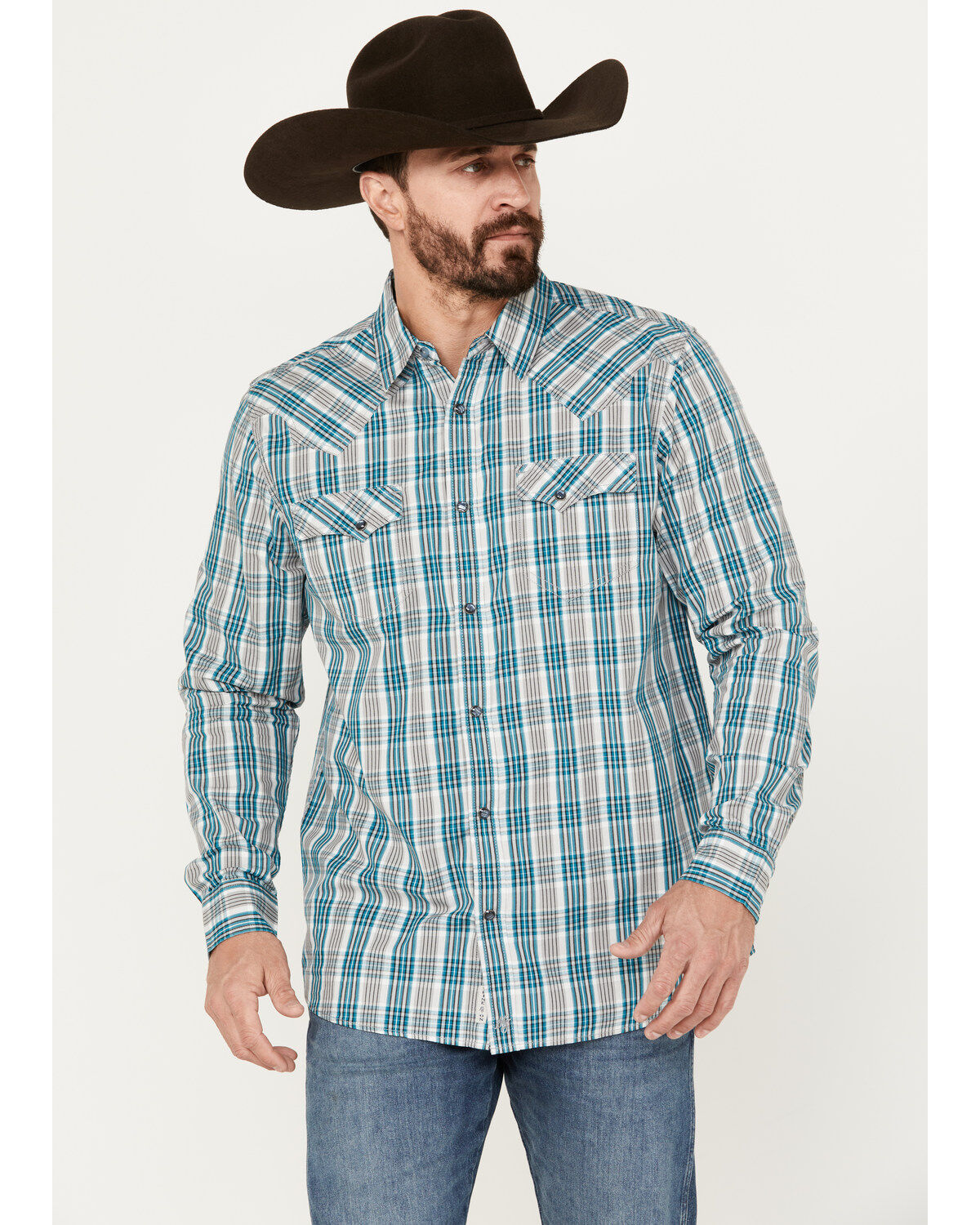 Image #1 - Moonshine Spirit&reg; Men's Agave Plaid Print Long Sleeve Western Snap Shirt, Grey, hi-res