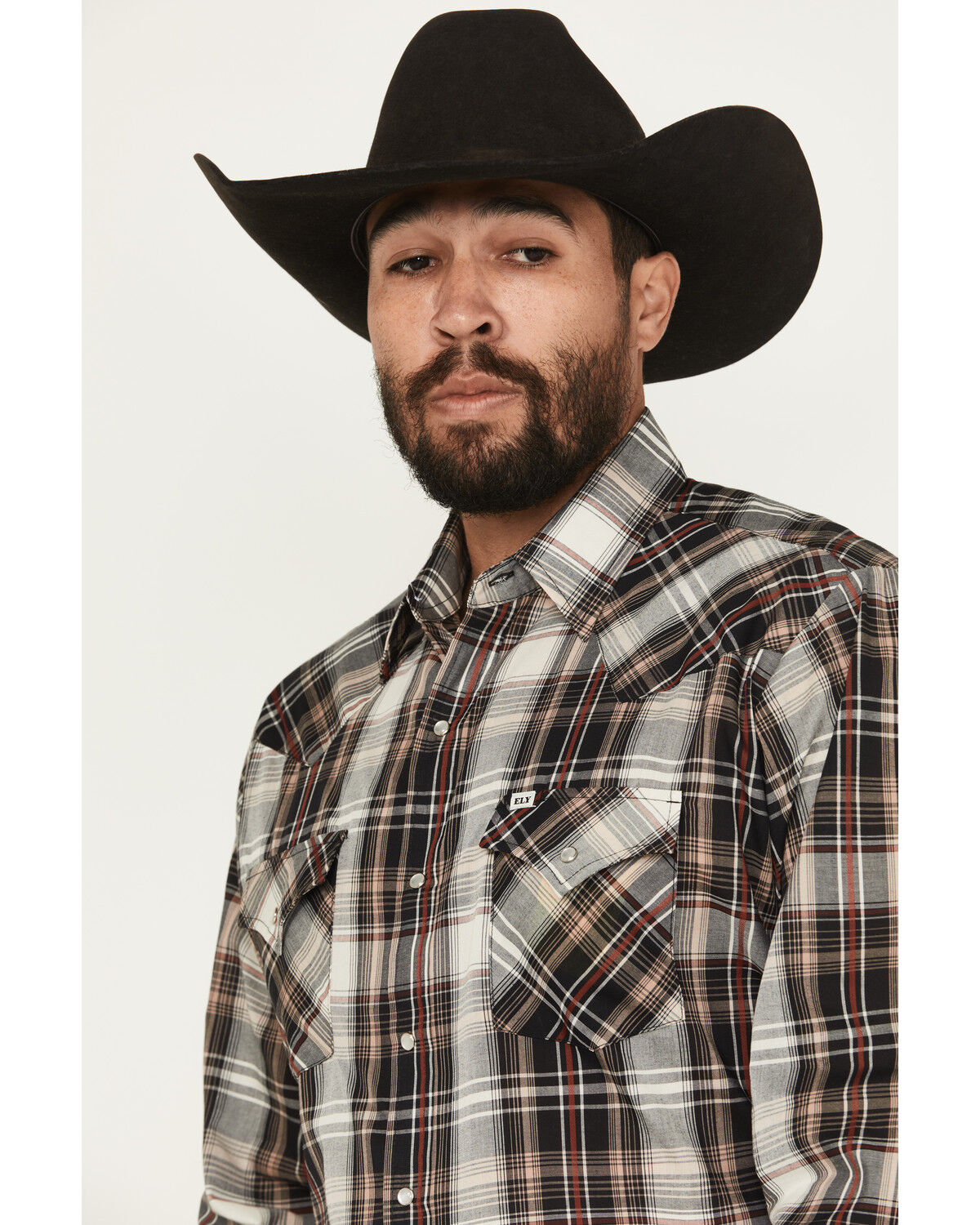 Image #2 - Ely Walker Men's Plaid Print Long Sleeve Pearl Snap Western Shirt, Tan, hi-res