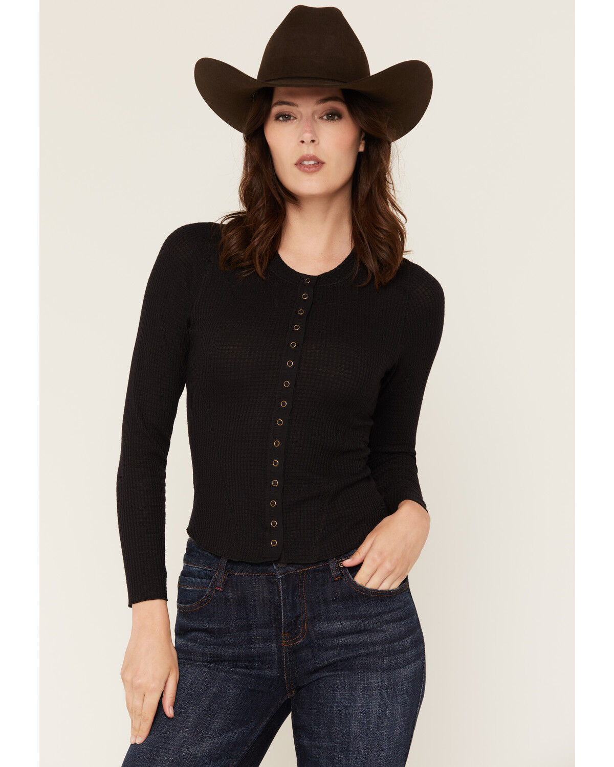 Idyllwind Women's Norwood Solid Long Sleeve Snap Thermal Shirt, Black, hi-res