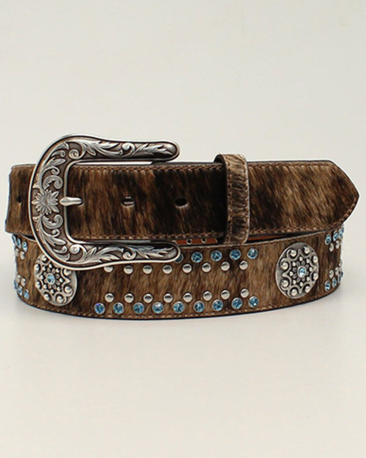M & F Western Women's Calf Hair Concho Studded Belt, Brown, hi-res