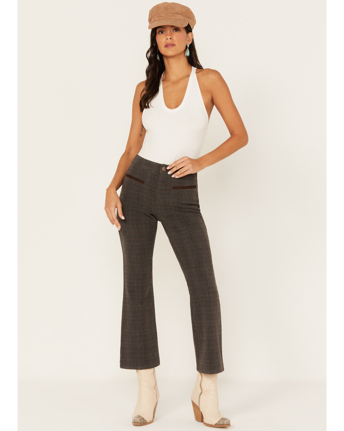 Shyanne Women's Plaid Print Flare Pants, Charcoal, hi-res